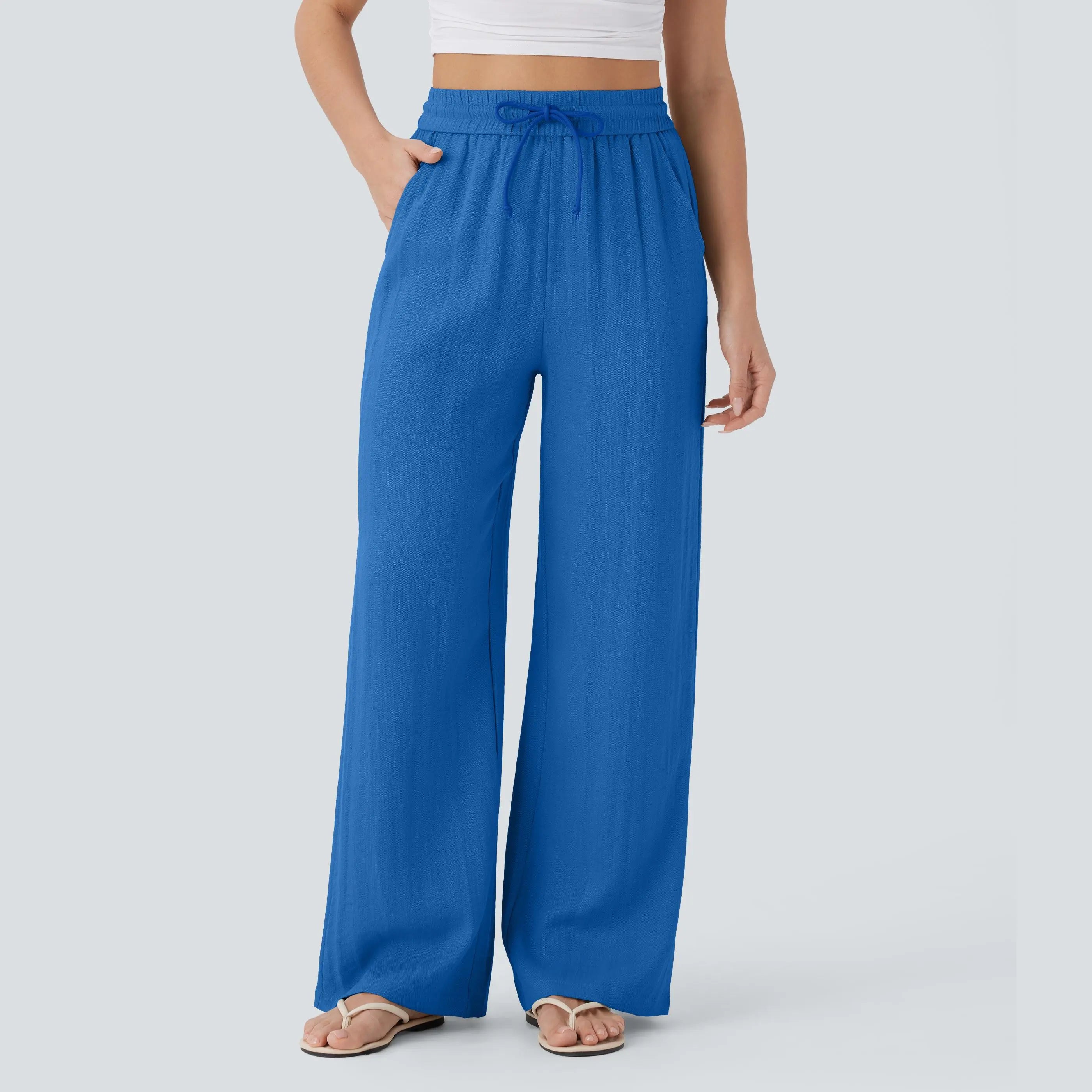Halara High Waisted Drawstring Pocket Wide Leg Baggy Casual Linen-Feel Pants