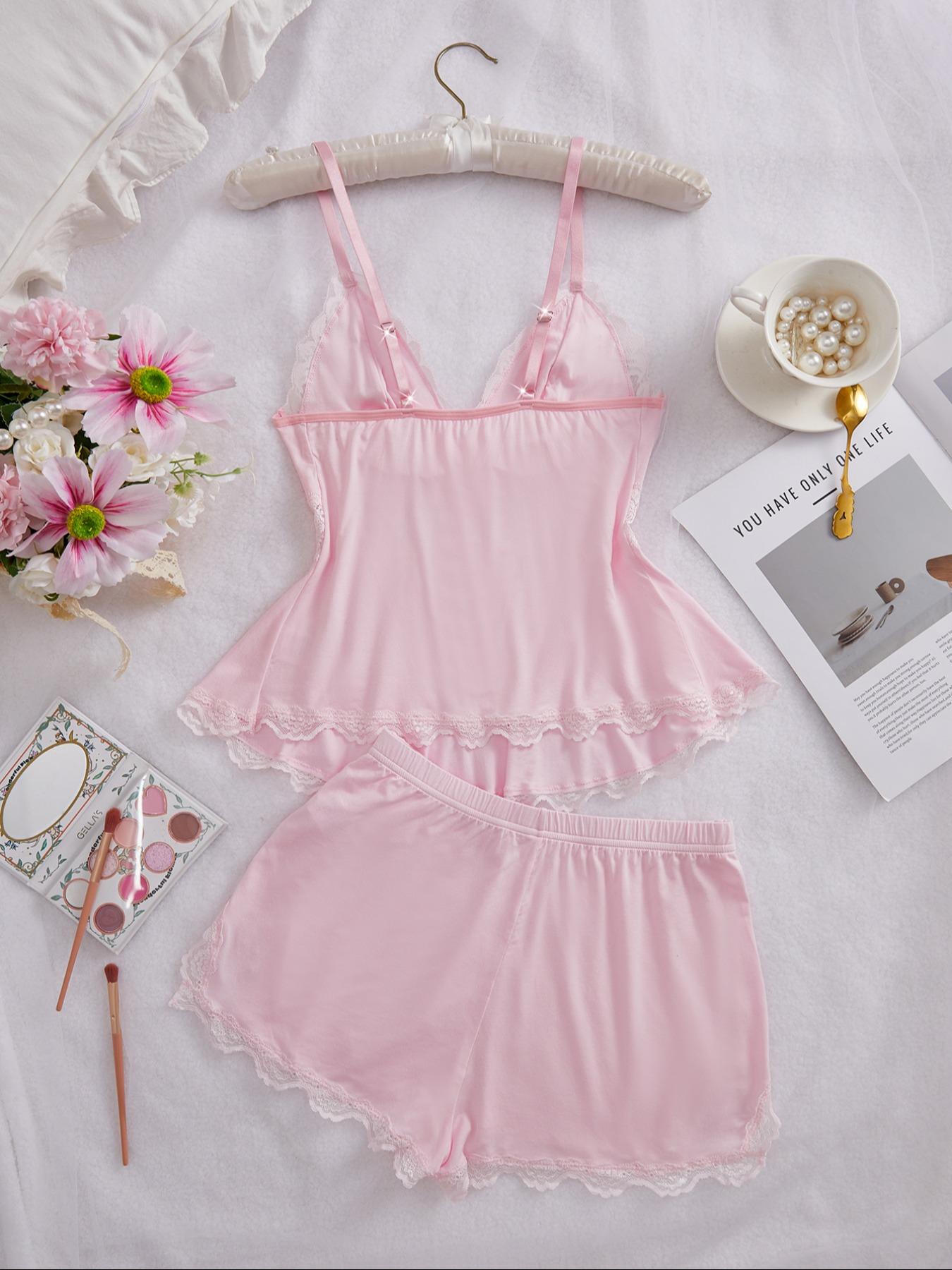 Women's Solid Color Lace Trim Spaghetti Strap Cami Top & Shorts Pyjama Two-piece Set