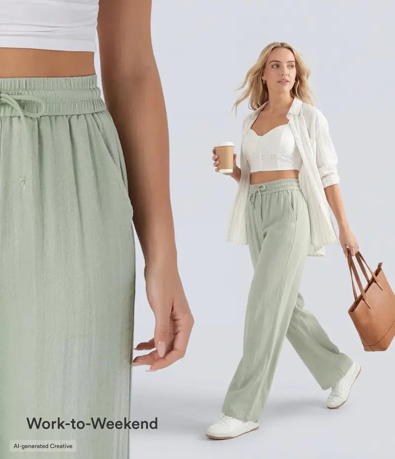 Halara High Waisted Drawstring Pocket Wide Leg Baggy Casual Linen-Feel Pants