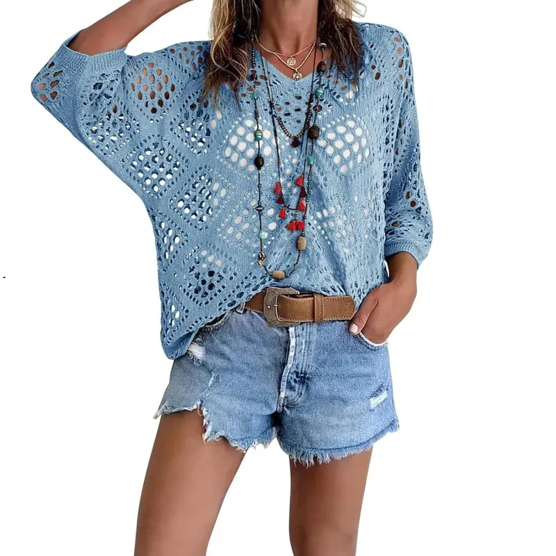 Fisoew Women's Bohemian-Inspired Beige Crochet Top with V-Neck